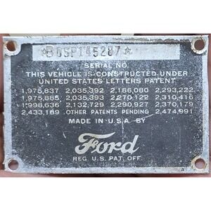 Ford 1950 2 Dr Cowl Data Tag Plate Vehicle ID Serial Number Made in USA